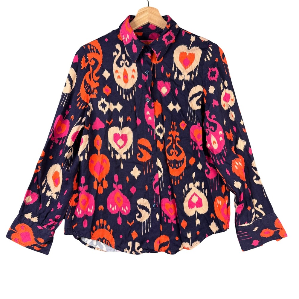 Vilagallo Navy Button-Down Blouse with Pink, Orange & Cream Ikat Print